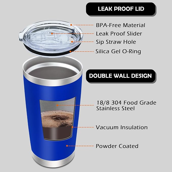 AIANJI 20oz Tumbler Bulk Stainless Steel Tumblers with Lid Vacuum Insulated Double Wall Travel Coffee Mug Powder Coated Tumbler Cup for Hot and Cold Drinks(Dark Blue, 1 pack)