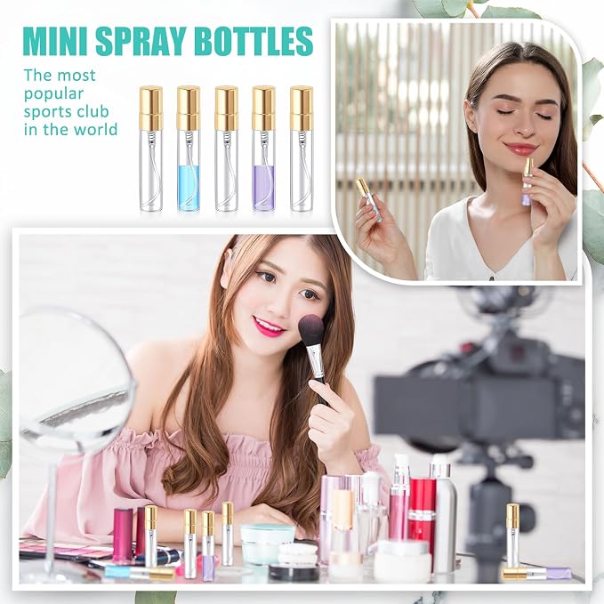 Zhehao 1 Pcs Mini Spray Bottles Clear Glass Perfume Bottles Refillable Fine Mist Perfume Atomizer Portable Empty Sample Containers for Cleaning, Essential Oils, Travel (Gold Cap,5 ml)