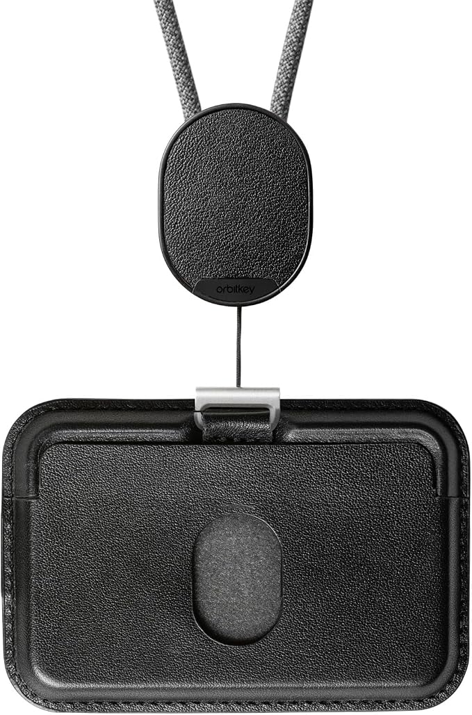 Orbitkey ID Card Holder Pro | Made with LWG-Certified Top Grain Leather and Durable Dyneema Cord | Holds 1 Access Card & 2 RFID Cards | Interchangeable Orientation | (with Lanyard, Black)