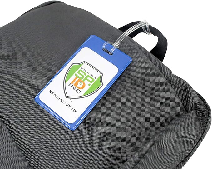 Bulk 25 Pack - Backpack ID Luggage Tags for Student Identification Cards - School Name Badge Holder for Backpacks - Large Business Card Size with Clear Insert Window by Specialist ID (Blue)