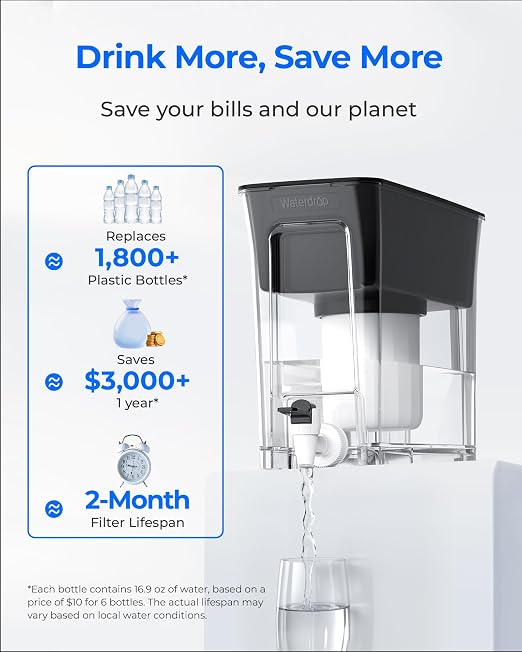 Waterdrop WFD-03L Water Filter Dispenser, TDS Reduction, 6-Stage Advanced Filtration, 35-Cup Large Capacity with 1 Filter, Reduce Chlorine, PFOA/PFOS and More for Healthier, Black