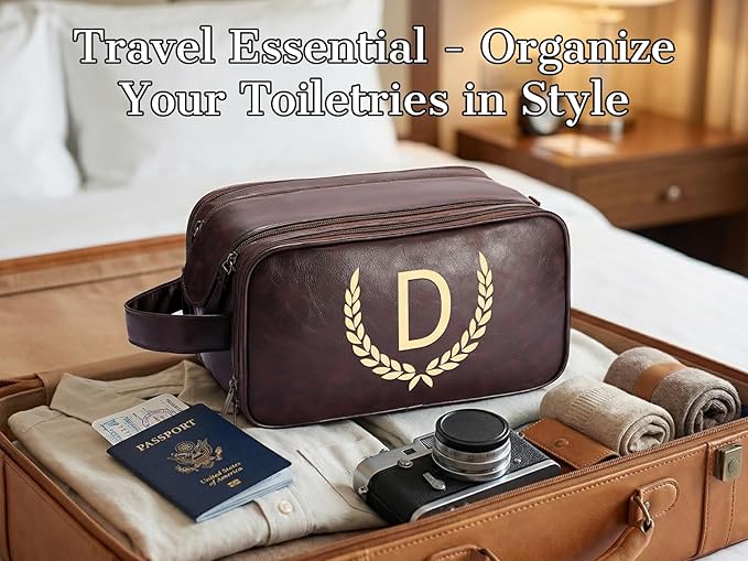 OXYEFEI Personalized Gifts for Men, Personalized Large Toiletry Bag for Men,Custom PU Leather Waterproof Mens Toiletry Travel with Initial Essential Dopp Kit Shaving Bag (H, Tea Brown)
