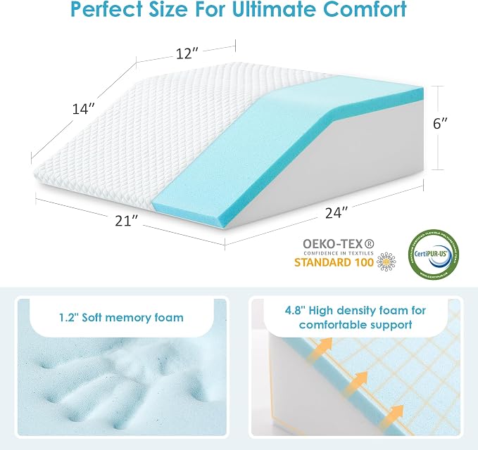 Cozymaker 6" Leg Elevation Pillows for Swelling, Cooling Gel Memory Foam Wedge Pillows for After Surgery, Sciatica Back Knee Hip Ankles Pain Relief, Leg Pillows for Sleeping