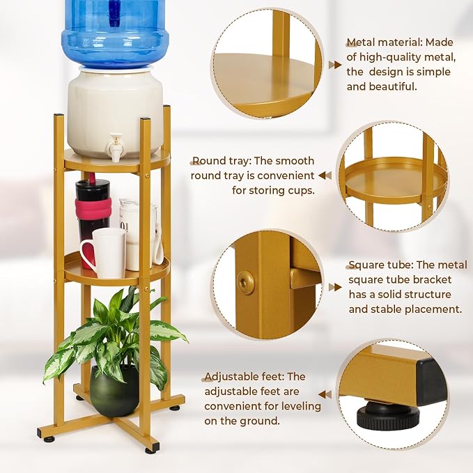Water Dispenser Stand 5 Gallon Water Jug Stand Sturdy Water Stand(32.8" H-11.2" W) Water Jug Stand with 2 Round Shelfs for 1-5 Gallon Water Bottles/Crocks, Water Jug and Plant Stand (Gold)