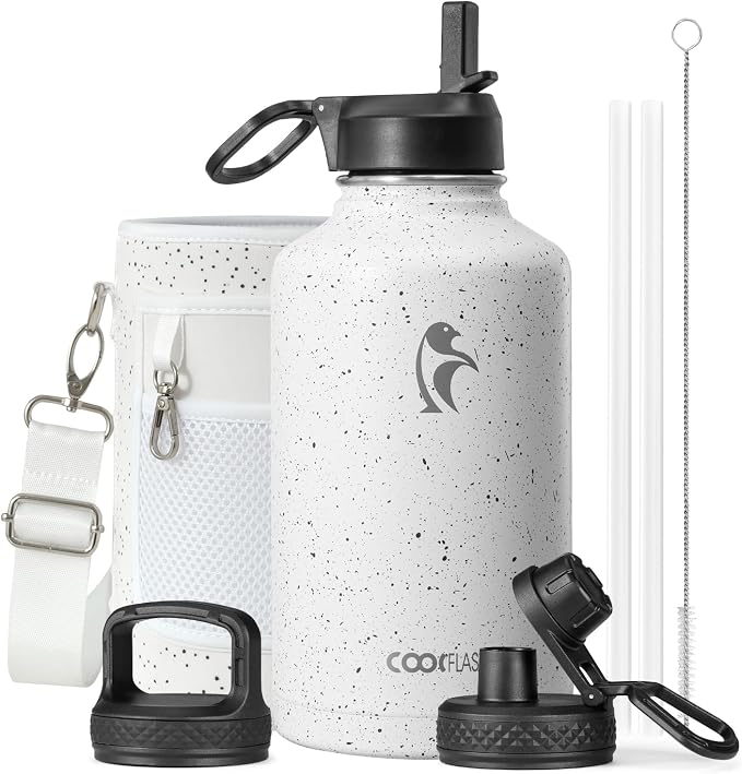 Half Gallon Water Bottle Insulated with Straw&3 Lids, Coolflask 64 oz Water Jug Galaxy Large Metal Stainless Steel flask for Gym, Sports and Office, Keep Cold 48H Hot 24H, Arctic White
