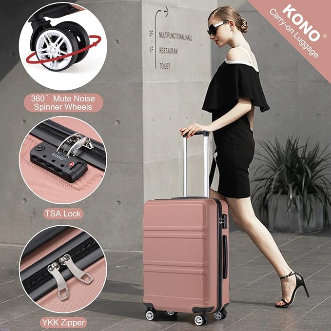 Kono 4 Piece Luggage Sets Expandable(only 28") with Spinner Wheels TSA Lock Lightweight PC+ABS Hardside Travel Rolling Suitcases 20in 24in 28in Carry on and 12in Mini Cosmetic Case Nude/Rose Pink