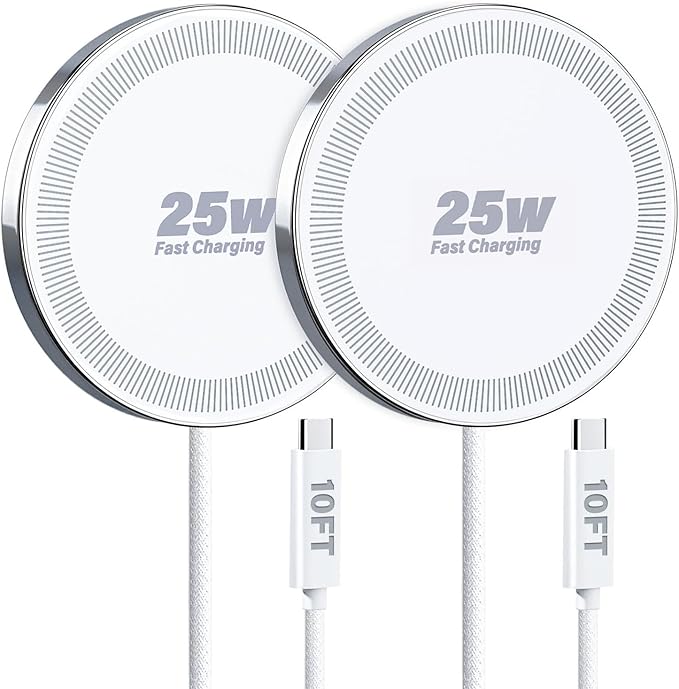 25W Wireless Charger for MagSafe, Magnetic Fast Charging Pad for iPhone 17/16/15/14/13/12 Series & AirPods, Strong Magnet, Portable Wireless Charger for Travel Home Office (White, 2Pack(10FT))