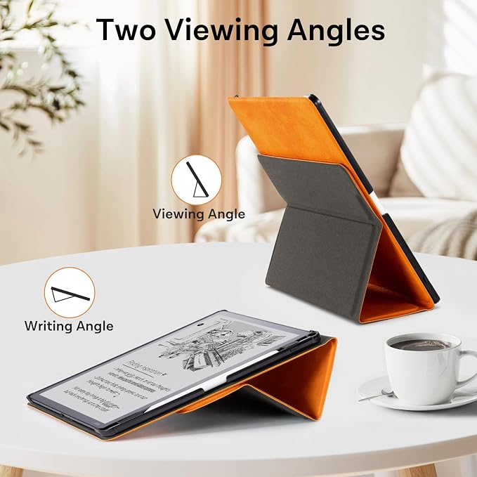 CoBak Case for 11" Kindle Scribe 3rd Generation 2025, Kindle Scribe Colorsoft with Two Viewing Angles - All New PU Leather Cover with Auto Sleep Wake, Pen Holder. Orange Crossgrain
