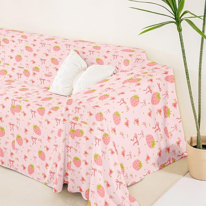 Strawberry Couch Covers for 3 Cushion Couch Sofa Pet Friendly,Pink Bow Seater Sofa Cover Slipcovers,Princess Silk Ribbon Cute Bowknot Boho Floral Flowers Kawaii Cat Furniture Protector,91" x 118"