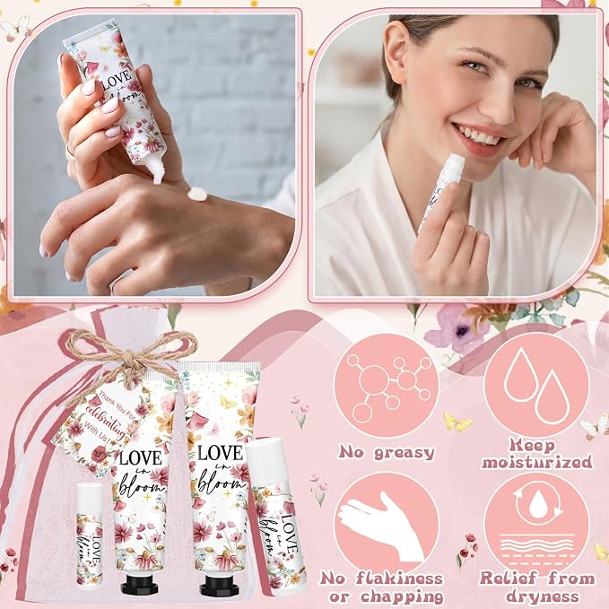 24 Sets Love Is in Blooming Hand Cream and Lip Balm Gift Pink Floral Wildflower Bridal Shower Favors for Guest Travel Size Hand Lotion and Lip Balm Bulk Bridal Shower Birthday Party Supplies
