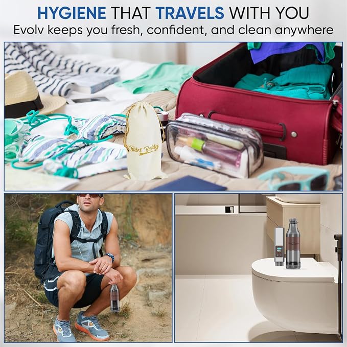 BIDET BUDDY® Evolv Portable Bidet for Travel – 530ml Bottle, Self-Cleaning Retractable Nozzle, 1100mAh Rechargeable, USB C Charging, IPX7 Waterproof with LED Display, 3 Water Flow Modes - Silver