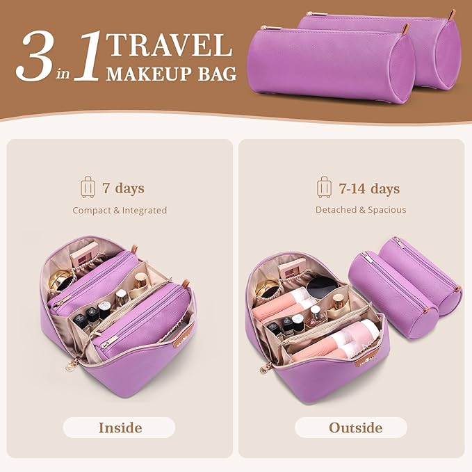 Travel Makeup Bag for Women: 3-in-1 Large Capacity Cosmetics Organizer with 2 Detachable Pouch - Vegan Leather Flat Open Toiletry Bag - Travel Essentials for Full-Sized Bottles(01-Purple)