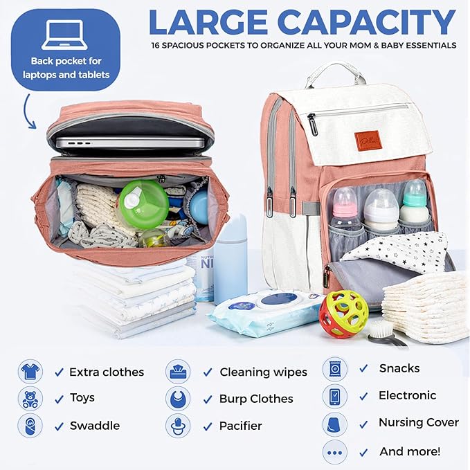 PILLANI Baby Diaper Bag Backpack - Toddler Backpack - Baby Bag for Girls & Boys, Large Waterproof Diaper Backpack - Diaper Bags with Changing Pad, Best Baby Shower Gifts - Stylish Pink Cute Diaper Bag