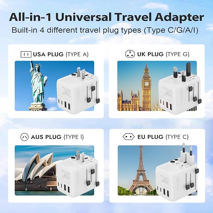 7 in 1 World International Travel Plug Adapter - Powerful GaN Tech 70W with 3X USB-C and 2 USB-A Ports Cruise Approved, Universal Travel Adapter 100V 250V A/C, EU US UK AUS Asia