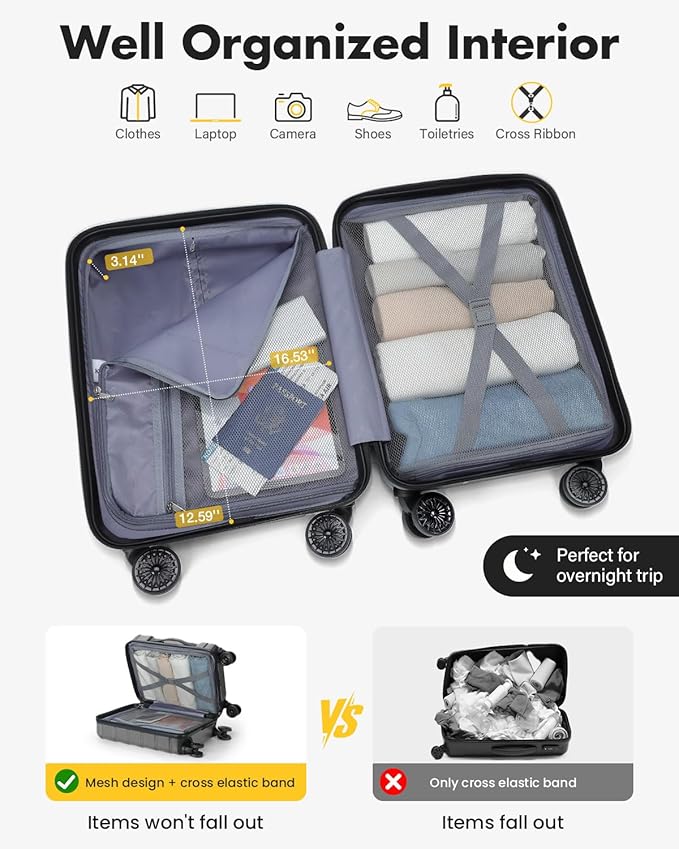 Lekesky 18 Inch Expandable Carry On Luggage Airline Approved, Hard Shell Suitcase with TSA Lock, Lightweight Spinner Wheels for Travel Weekend Trips Men Women, Grey