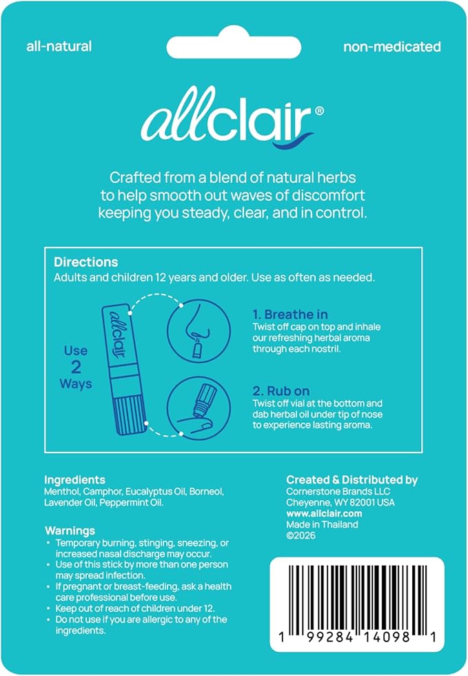 Allclair Nausea Relief Inhaler - Take Control of Motion Sickness, Morning Sickness, Medication, GLP-1 - Fast, Natural, Drug-Free, Non-Drowsy & Portable Travel Essential (3 Inhalers)