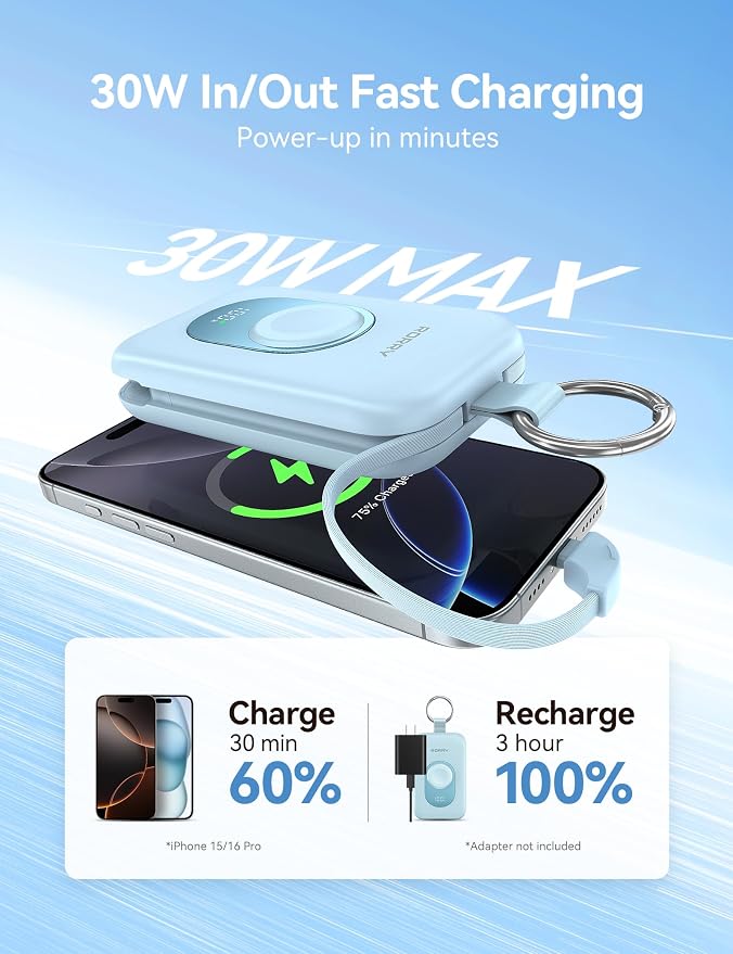 RORRY CharmGo Portable Charger, 20000mAh PD 30W Portable Charger Power Bank with 2 Built-in Cables, Fast Charging Battery Pack with Keychain, Travel Essentials for iPhone, Apple Watch, iPad, Sky Blue