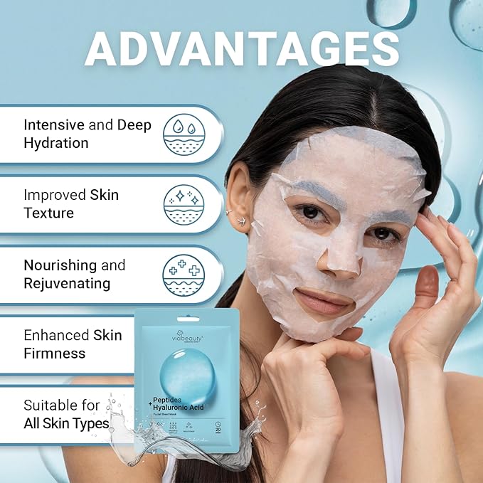VIABEAUTY 12 Pack of Hyaluronic Acid Face Mask with Peptides Complex - Deep Hydrating & Brightening Facial Sheet Mask - Moisturizing Face Masks Skincare Facial Sheets for All Skin Types
