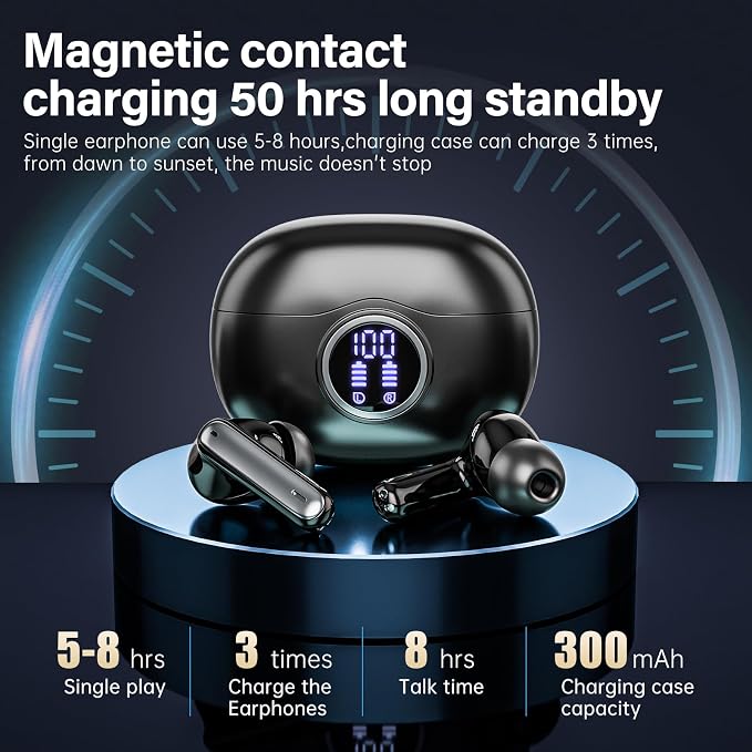 HiFi Stereo Wireless Earbuds, Bluetooth 5.3 with LED Display 50H Playback ENC Noise Canceling IPX7 Waterproof Earphones for Gym/Running/Work