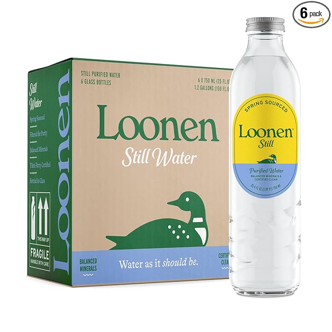 Loonen Still Spring Sourced Water, Glass Bottled with Minerals, Magnesium, Potassium, Calcium, Sodium, PFAS Free, Plastic Free, NSF Certified, American Made, Clean Hydration, Pack of 6, 750mL