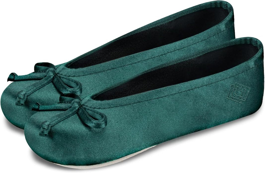 Isotoner Women's Satin Ballerina Slippers with Classic Ribbon Bow and Suede Sole