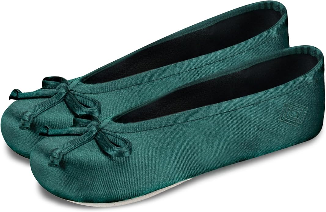 Isotoner Women's Satin Ballerina Slippers with Classic Ribbon Bow and Suede Sole