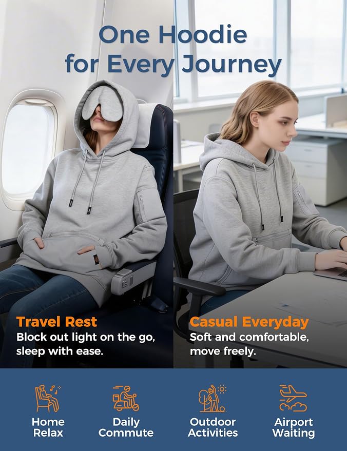 Travel Hoodie with Built-In Eye Mask for Airplane Travel Breathable Comfort Pullover Sweatshirt Multiple Pockets