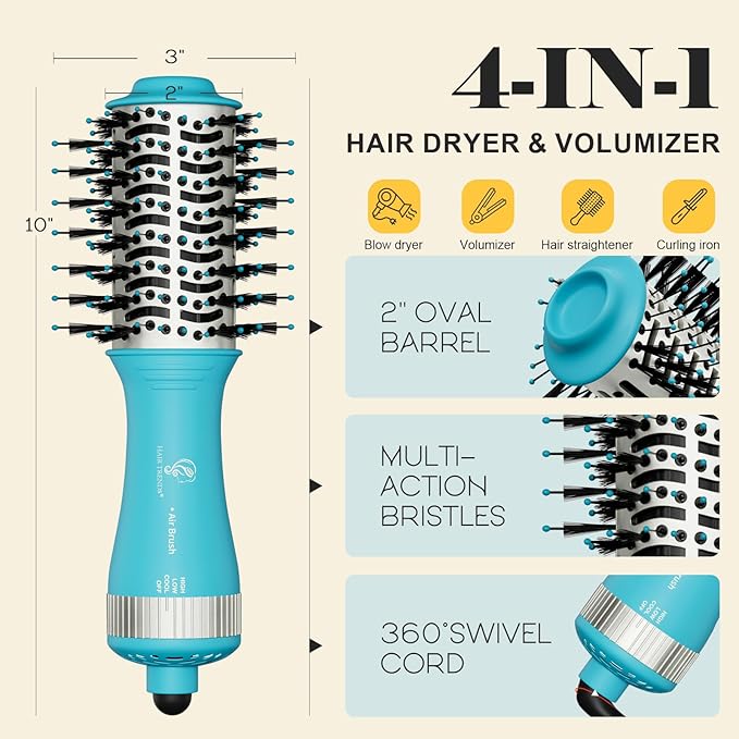 Travel Size Mini Hot Air Dryer Straightener & Curler Brush, Dual Voltage 2-Inch Nano Titanium Blowout Styler Volumizer Tool, European Blow Dryer Brush with Universal Adapter