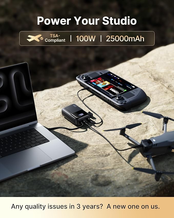 INIU 100W Fast Charging Power Bank, Smallest 25000mAh High Capacity Laptop Portable Charger, 3-Port Battery Phone Pack with Detachable USB C Cable for Switch, Gaming, Students, Metallic Silver