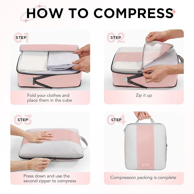 10 Set Compression Packing Cubes for Travel Essentials,Compressible Expandable Packing Cubes for Suitcase,OlarHike Luggage Garment Bags for Travel,Handy Helper for Organizing Clothes(Pink)