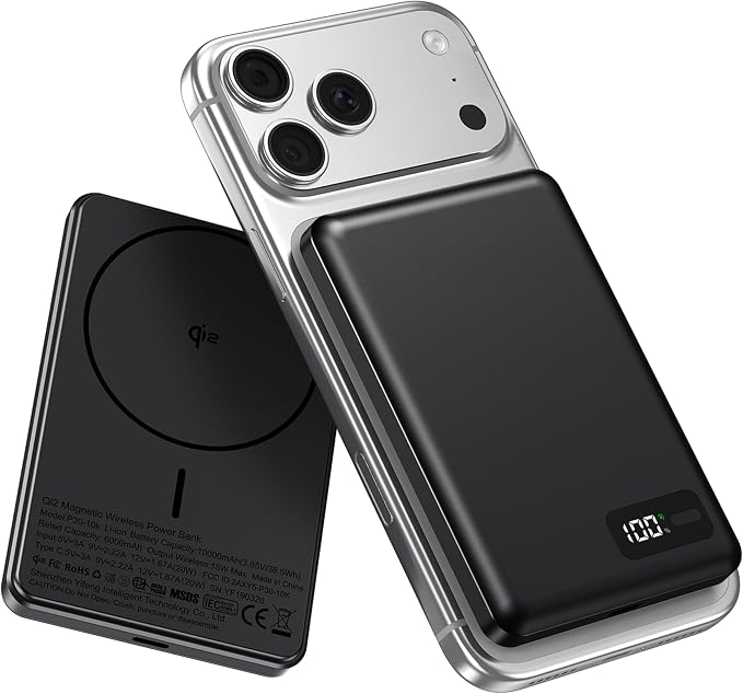 Enyneo Portable Charger, 10000mAh Battery Pack - Qi2 Certified, 22.5W Fast Charging Wireless Magnetic Power Bank for iPhone 17/ Air/ 16/15/14/13/12 Series, Travel Camping Essential-Black