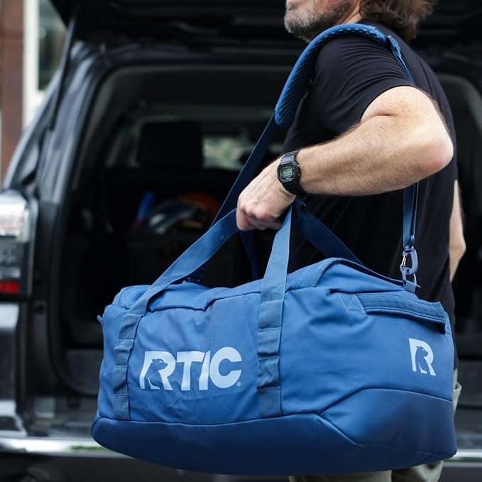 RTIC Road Trip Duffle Bag for Men and Women, Traveling Tote for Camp, Travel, Gym, Weekender, Camping, Overnight, Carry On, Sports, Spacious, Water Resistant, Large, Navy & Denim