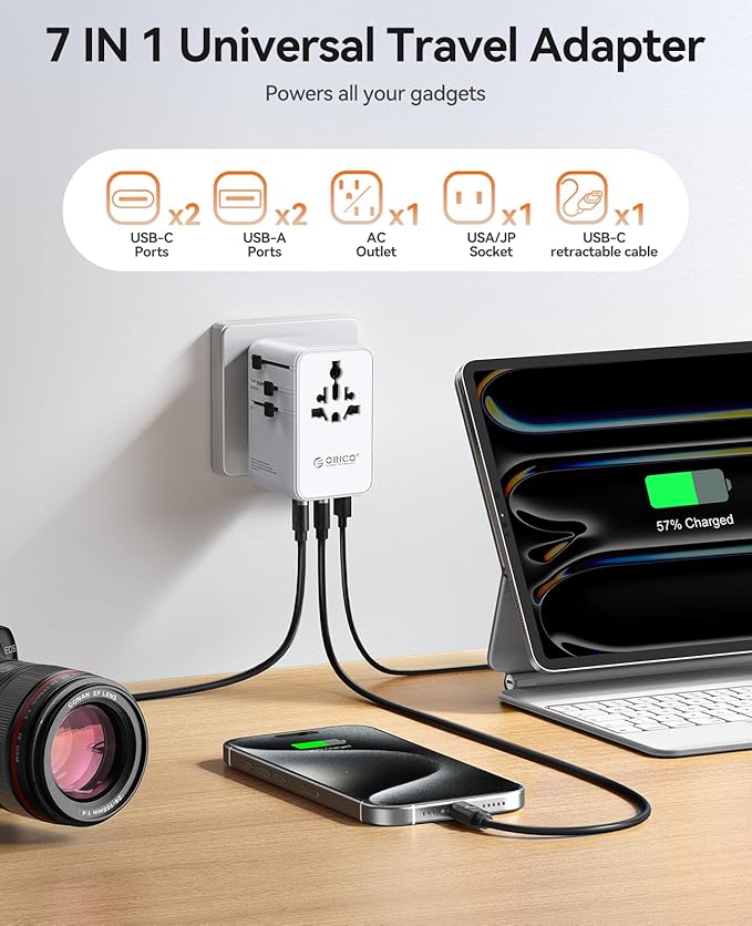 ORICO Universal Travel Adapter 100W GaN International Power Adapter with 2 AC, 3 USB-C and 2 USB-A Ports, Built-in Retractable USB-C Cable, European Travel Plug Adapter for Eu US UK AU &200+ Countries