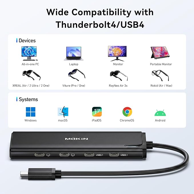 USB C to USB C Hub Dual Monitor, USBC Splitter with 4K@60Hz DP Alt Mode Video Output, 10Gbps Data Transfer, 100W PD Charging, Dual Monitors Adapter for Laptop, Portable Monitor and More Type C Devices