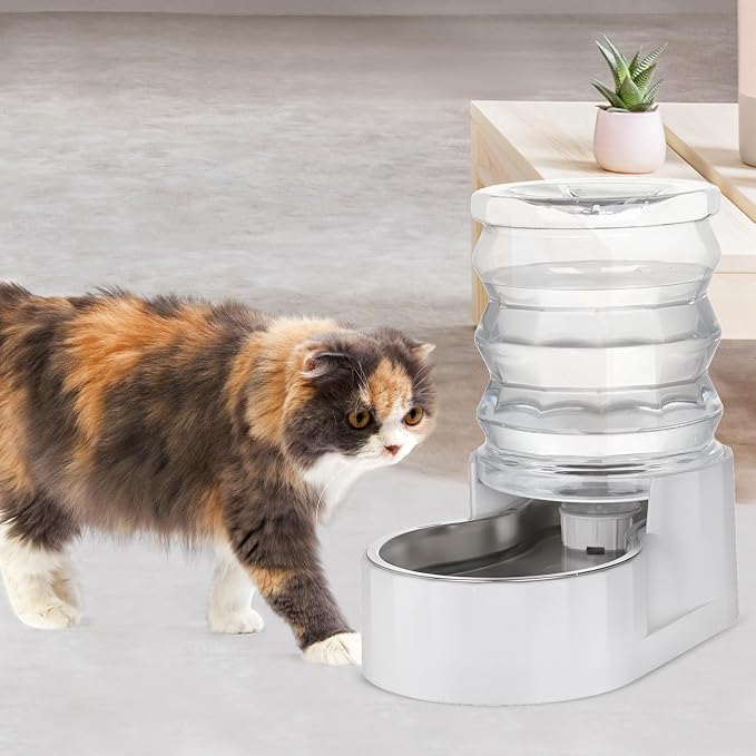 RIZZARI 4L White Pet Water Dispenser with Stainless Steel Bowl | Filter-Free Design,Automatic Gravity Water Supply,Spill-Resistant Base,Easy Water Refill,Durable PP Construction
