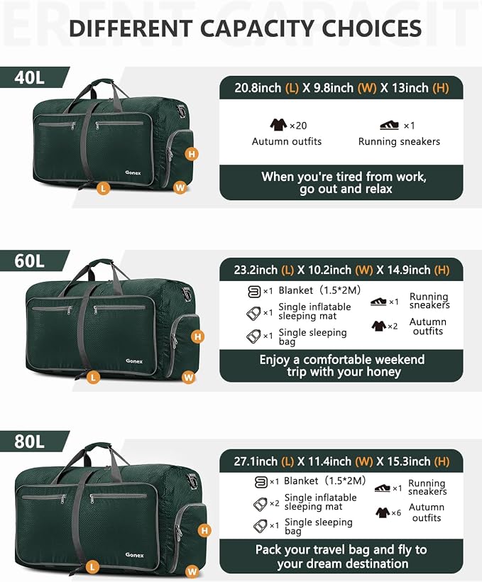 Gonex Large Foldable Travel Duffle Bag with Shoes Compartment, Packable Lightweight Water Repellent Duffel Bag for Camping Gym Weekender Bag