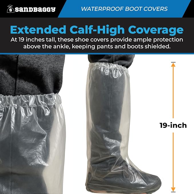 Sandbaggy Waterproof Boot/Shoe Covers - 19" Tall, 3 Mil Disposable - Transparent/Clear (20)