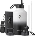 Coolflask Half Gallon Water Bottle Insulated with Straw & 3 Lids, 64 oz Water Jug Large Metal Stainless Steel Wide Mouth for Sports, Gym or Office, Non-BPA Keep Cold 48H Hot 24H, White & Black