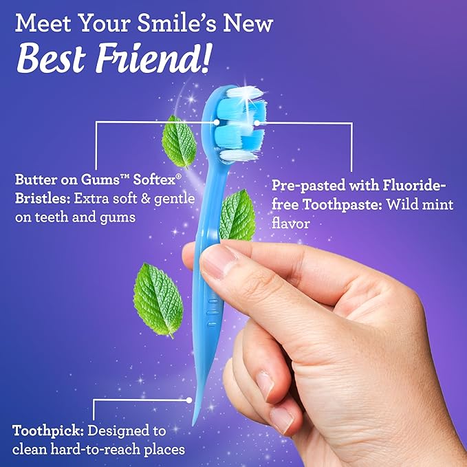 GuruNanda Ready-to-Go Disposable Mini Travel Toothbrushes - Butter on Gums Softex Bristles, Pre-Pasted Toothbrush & Toothpick - Fluoride-Free, No Rinsing Needed, 70 Ct (Pack of 2)
