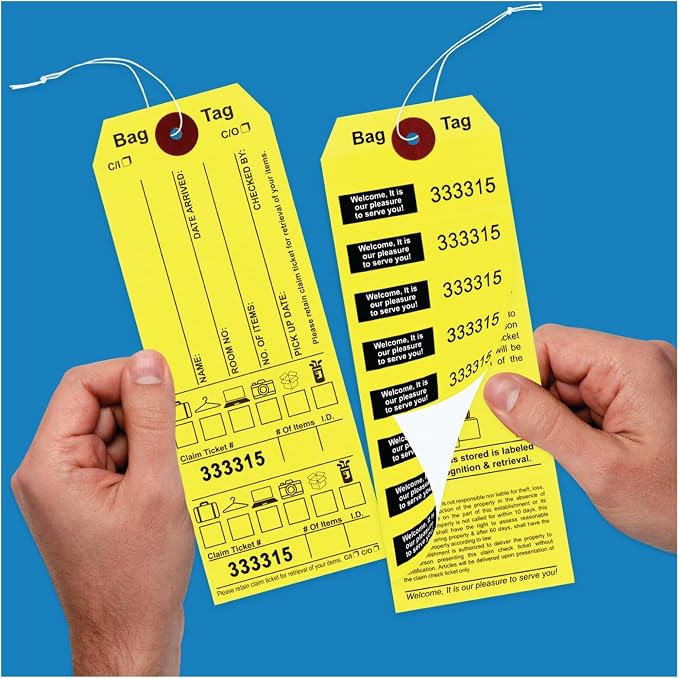 1000 Luggage Claim Tags with String Attached, Consecutively Numbered, with Luggage Images, Bag Stickers, Claim Ticket - Bag Tags for Hotel and Motel Bag Storage. Size: 6 3/4" (H) x 2 1/2" (W).