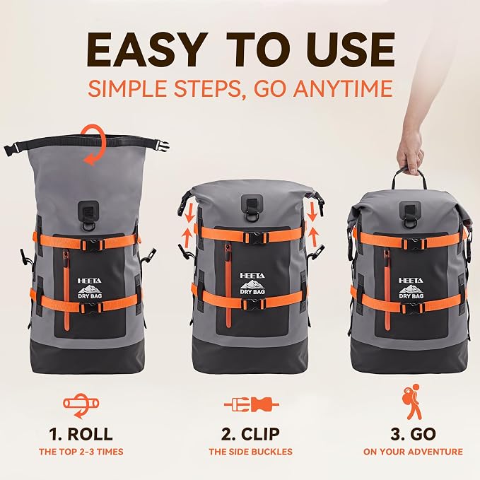 HEETA Dry Bags Waterproof Backpack 40L for Men & Women, Roll Top Heavy Duty Cushioned Hiking Backpack for Kayaking Boating Paddle Boarding Fishing Travel Camping Beach Vacation Cruise Ship Essentials