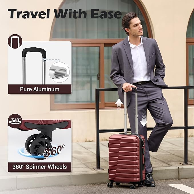 Coolife Medium Checked Luggage with Spinner Wheels, Hardside Suitcase TSA Lock Lightweight Travel Luggage 24-inch,Wine Red