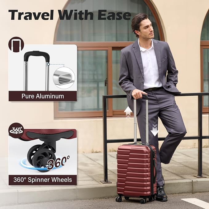 Coolife Carry On Luggage Airline Approved with Spinner Wheels, Hard Shell Suitcase TSA Lock Lightweight Travel Luggage 20-inch,Wine Red