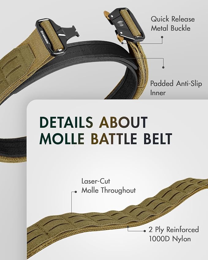 FAIRWIN Tactical Balttle Belt, 2" Molle Rigger War Combat Belt with Quick Release Buckle Law Enforcement Duty Belts for Men