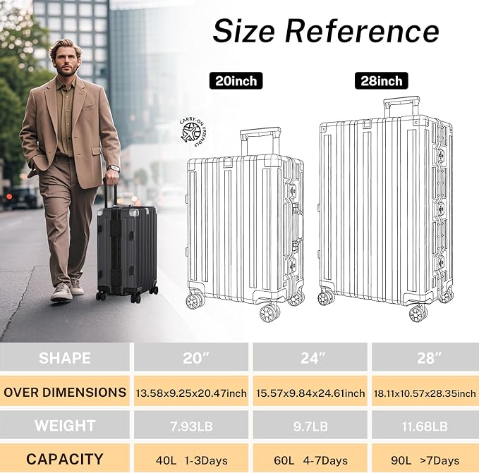 Krute Aluminum Frame Luggage 28 Inch Checked Suitcase with Spinner Wheels TSA Approved No Zipper Hard Shell Luggage PC+ABS Travel Suitcase Black