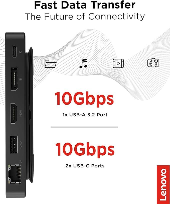 Lenovo USB-C Dual Display Travel Dock - 7 Ports, Integrated Cable, Universal Compatibility, Two displays at 4K - Black