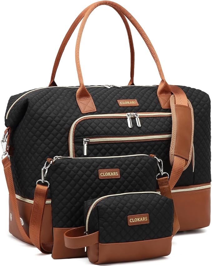 Large Weekender Bags for Women Travel, Under Seat Carry On Bags for Airplanes Overnight Bag with Shoe Compartment Luggage Sleeve, Foldie Travel Tote Bag Hospital Bag, Travel Gifts, Black Brown
