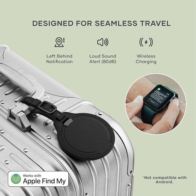 Satechi FindAll Smart Luggage Tag with Find My, TSA-Friendly, Airport Tracking, Left-Behind Alerts, Loud Audible Chime, Wireless Rechargeable, Works with iPhone, iPad, Mac – Black