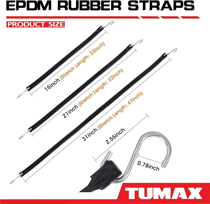 30PCS Rubber Tarp Straps Assorted Sizes with 150% Max Stretch, 100% EPDM Bungee Cords with Hooks, Ideal for Securing Tarps, Cargo, Canvases, 15", 21", 31"