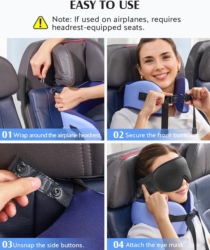 YFONG Travel Pillow for Long Flights, Patented 360° Ergonomic Sleeper Hold Head Support System with Memory Foam Neck Pillow & 3D Sleep Mask, Prevent Head Bobbing for Airplane & Road Trip, Blue